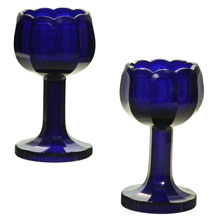 Pair of Moser Hand Blown Cobalt Blue Crystal 9" Chalices-Goblets