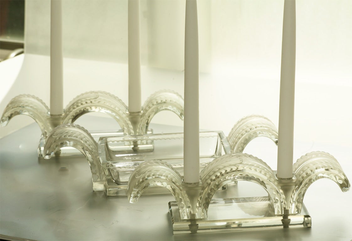 Molded Signed 3-Piece Lalique Art Deco Crystal Console Centerpiece, Set For Sale
