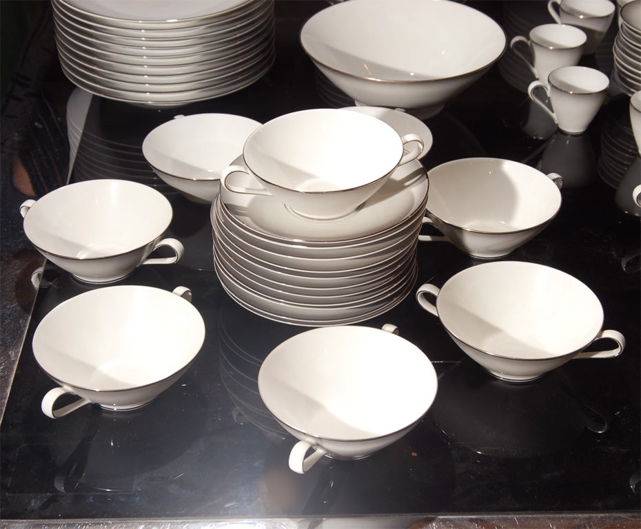 148 piece set of Rosenthal Continental china in the Elegance pattern 3331 from the Bettina line.  Off white witha gray edge and platinum rim.  The Elegance pattern was produced by Rosenthal 1955-1959<br />
<br />
12 place settings consisting of 11