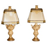 Antique Pair of Petite Italian Giltwood Lamps with Shades