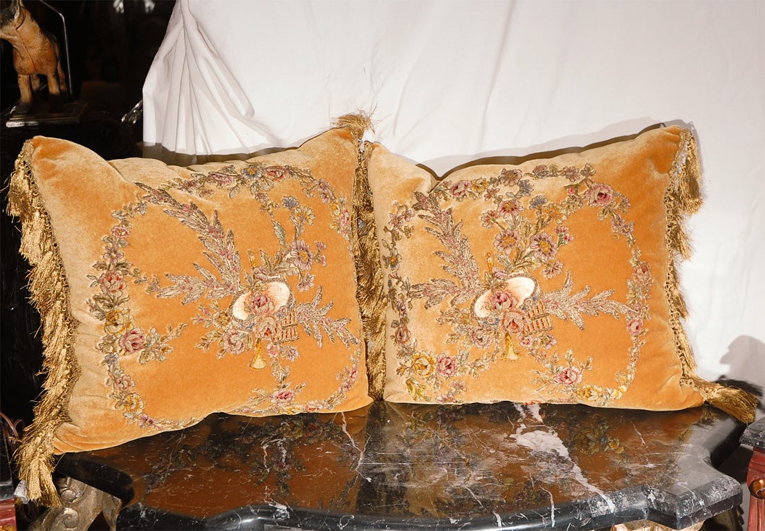 19th century French metallic & chenille embroidered mohair pillow with gold metallic fringe.