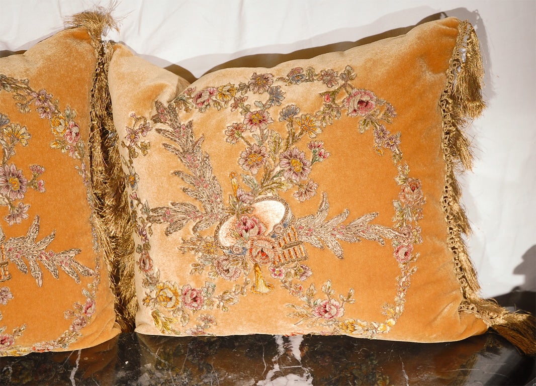 Chenille Single 19th C. French Metallic Embroidered Mohair Pillow