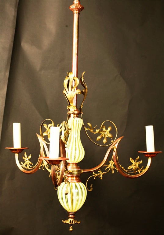 Three Arm Art Nouveau Chandelier with Glass Body