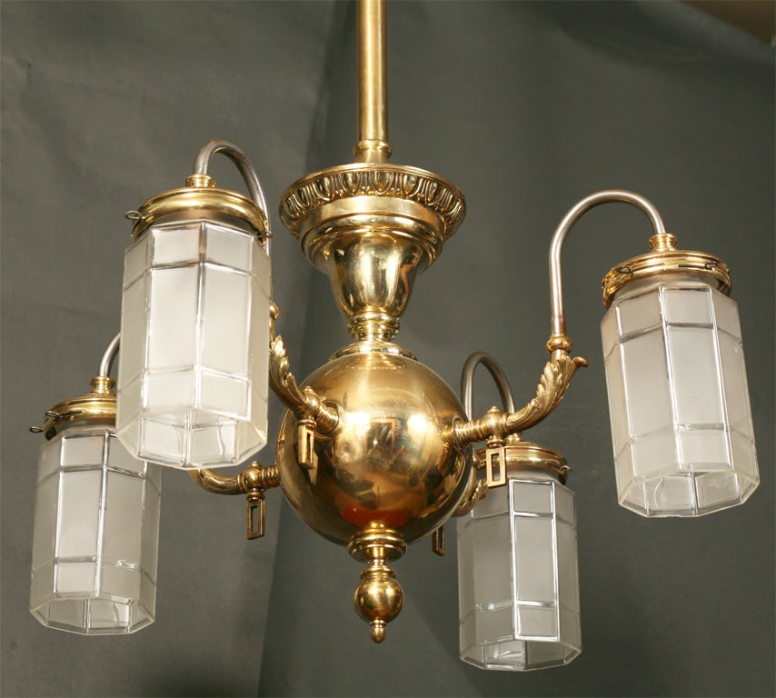 Four Arm Gas Chandelier with Vintage Hexagonal Shades
