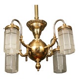 Four Arm Gas Chandelier with Antique Hexagonal Shades