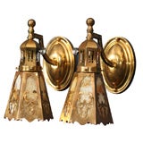Pair Brass Wall Lights with Vintage Slag Glass Shades
