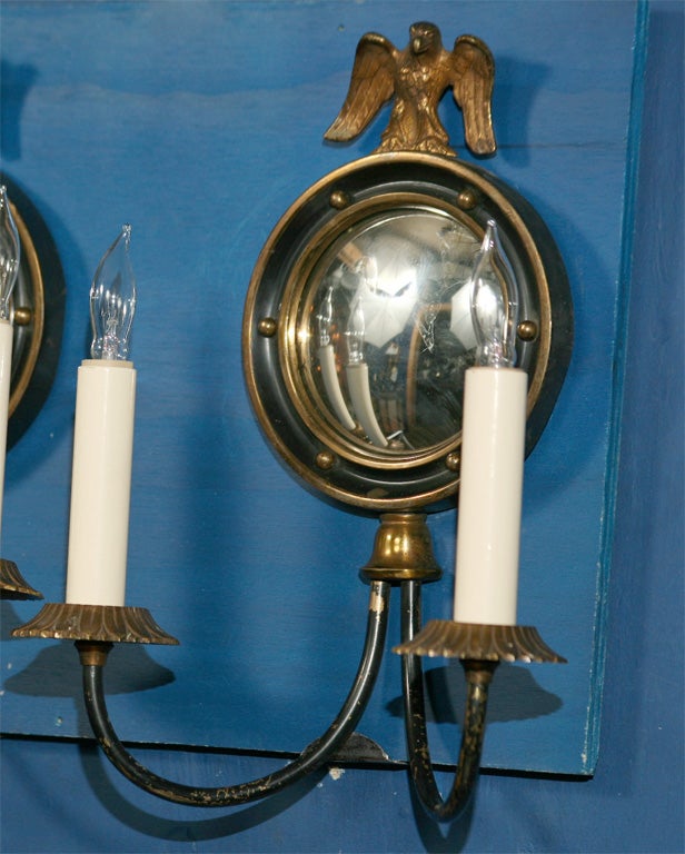 American Pair Two Arm Federal Style Wall Lights with Convex Mirror