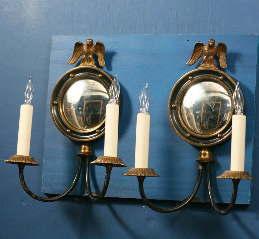 20th Century Pair Two Arm Federal Style Wall Lights with Convex Mirror