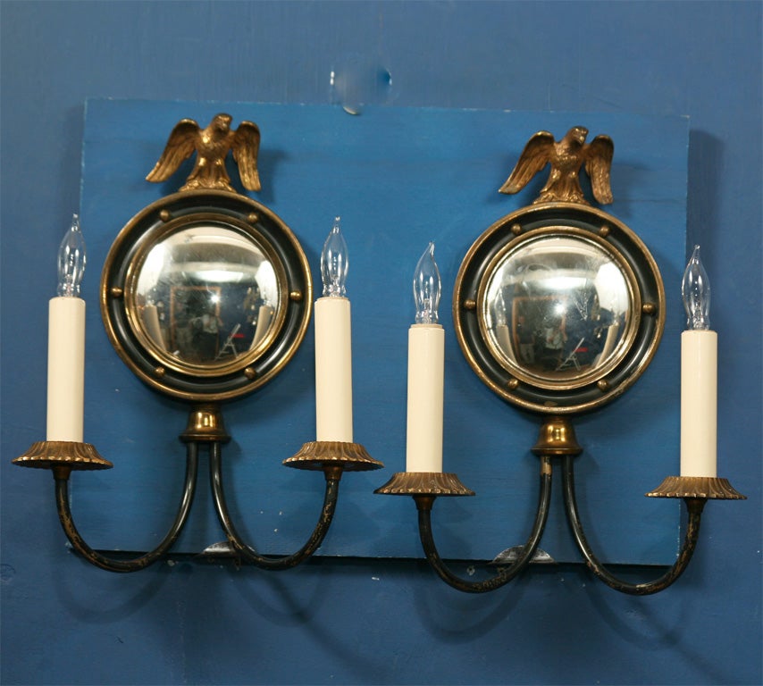 Pair Two Arm Federal Style Wall Lights with Convex Mirror 2