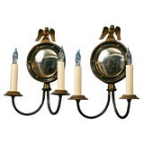 Pair Two Arm Federal Style Wall Lights with Convex Mirror