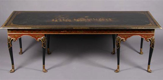 THE RECTANGULAR TOP WITH CHINOISERIE DECORATION RAISED ON CABRIOLE LEGS. AT ONE TIME IT WAS USED AS A EXECUTIVES DESK, AT BOTH END SMALL HOLES FOR WIRING TO LAMPS WERE PLACE.