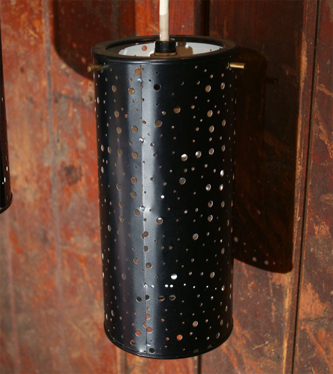 Metal Pair of Cylindrical Hanging Lights For Sale