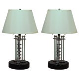 Pair of Machine Age Glass Rod & Chrome Lamps with Ebonized Bases