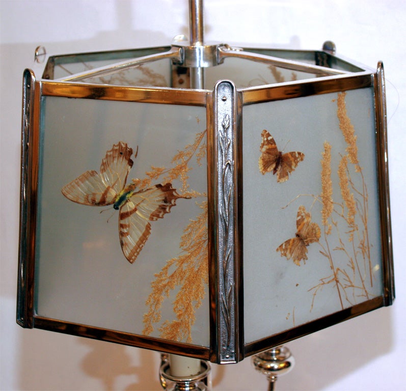  Pairpoint Table Lamp Art Deco silver plate with butterflies behind glass In Good Condition In New York, NY