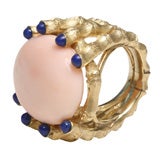 Massive 14k Gold Coral And Lapis Faux Bamboo Ring