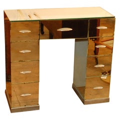 Mirrored vanity with silvered metal base and drawer pulls