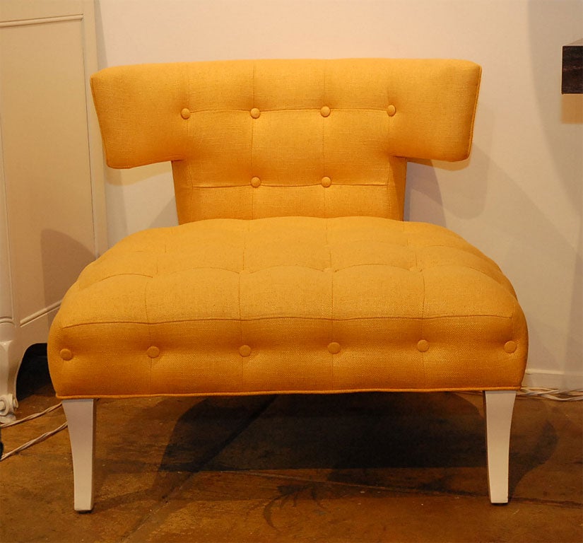 Klismos Lounge chair with yellow linen button tufted upholstery and white lacquered frame.  Freshly refinished and reupholstered