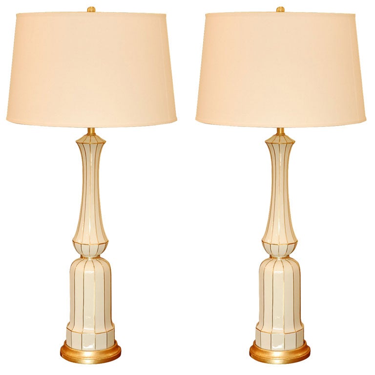 Glamorous Pair of gilt striped Column on Plinth lamps-Lenox