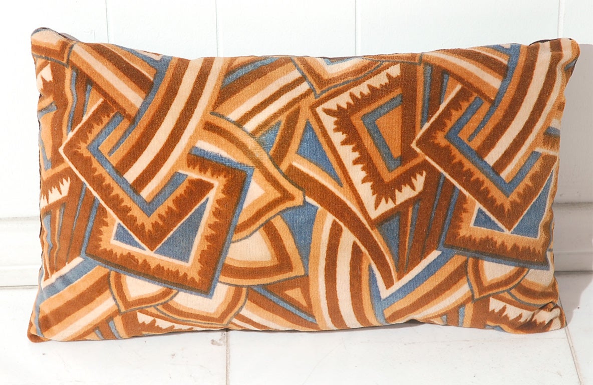 A goregeous vintage Art Deco pillow in a geometric cubist design. Front panel is vintage. Back brown velvet and filling are new.