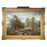 Antique Oil on canvas "Collecting Firewood Beside a Stream"