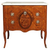 Antique French walnut two-drawer marble top commode. Marquetry.