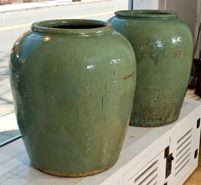 Pair of large celadon garden  jars For Sale 2