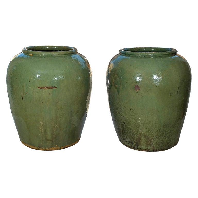 Pair of large celadon garden  jars For Sale