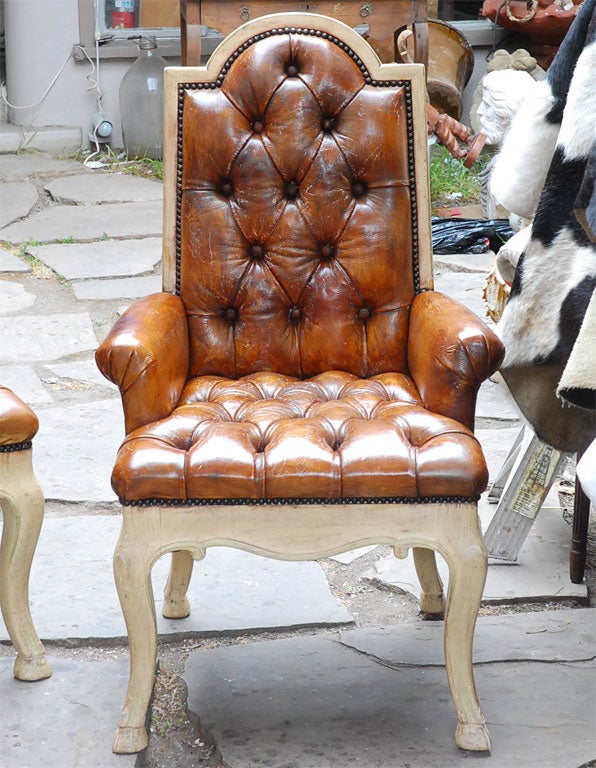 Set of  Painted and Leather Tufted Dining Chairs