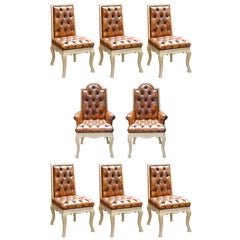 Set of  Painted and Leather Tufted Dining Chairs