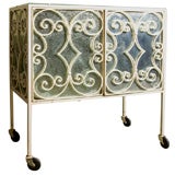 White Wrought Iron and Glass Rolling Cabinet
