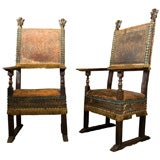 Pair High-backed Armchairs with Original Embossed Leather