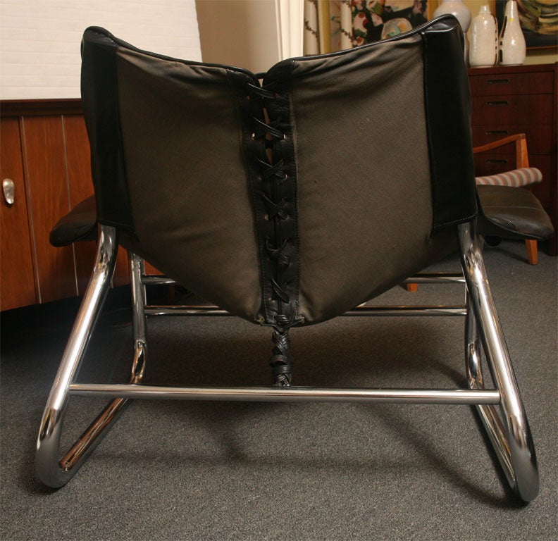 Mid-Century Modern Pair of Sexy Kinky Corset Laced Leather and Chrome Modern Lounge Chairs