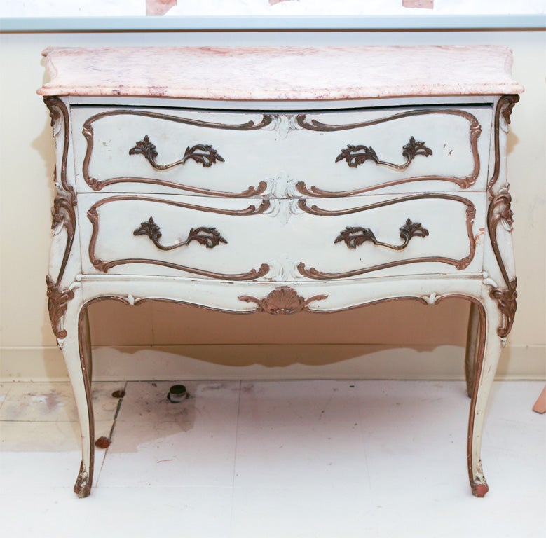 French Provincial two-drawer chest in Louis XV-style, in pale grey-green and dark gold, with brass handles and rouge marble top.