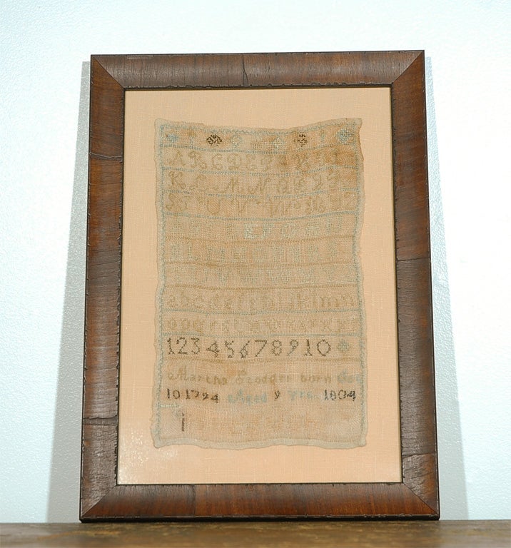 RARE AMERICAN SAMPLER FROM PENNSYLVANIA SIGNED BY MARTHA SCODDER BORN OCTOBER 17, 1794 AT AGE 9 YEARS 1804.THIS SAMPLER WAS EXECUTED ON HOMEMADE FLAX RAW LINEN AND IS IN GOOD CONDITION.THIS IS A SCHOOL GIRL SAMPLER .GREAT ADDITION FOR ANY