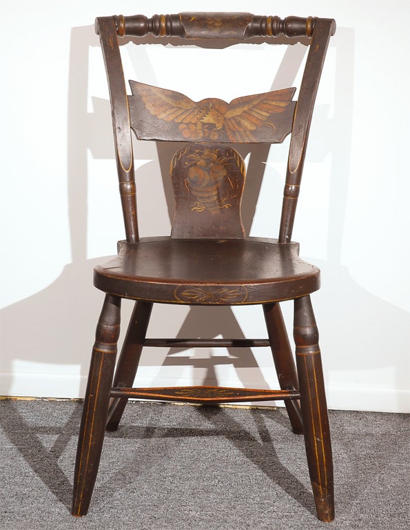 RARE 19THC ORIGINAL DECORATED HITCHCOCK CHAIRS FROM NEW ENGLAND W/EAGLES AND ALL ORIGINAL PERIOD PAINTED STENCIL OF CORNACOPIA OF FRUIT IN PRISTINE AS FOUND CONDITION. GREAT FORM AND VERY STRONG AND DURABLE. SOLD AS A SET OF FOUR ONLY. 2550 FOR THE