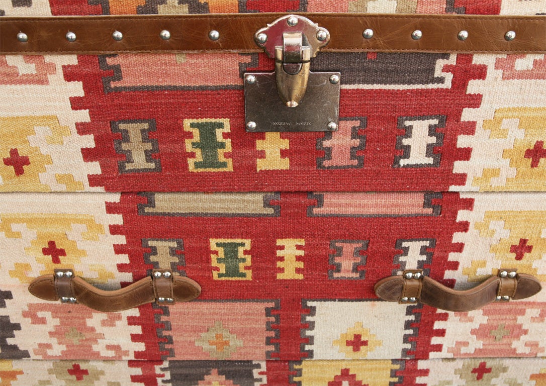 English Leather Trimmed Kilim Covered Travel Trunk Chest of Drawers