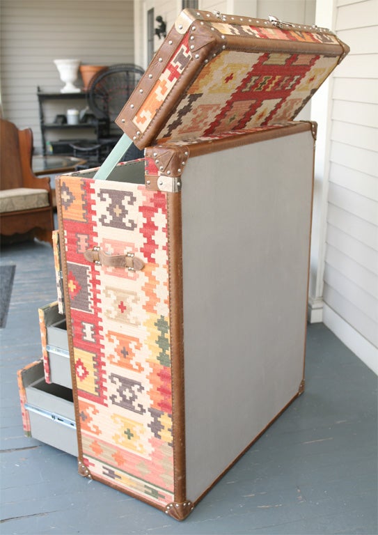 Leather Trimmed Kilim Covered Travel Trunk Chest of Drawers 1