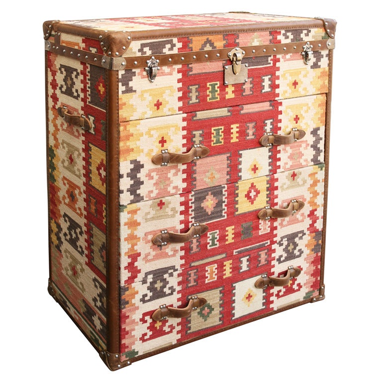 Leather Trimmed Kilim Covered Travel Trunk Chest of Drawers