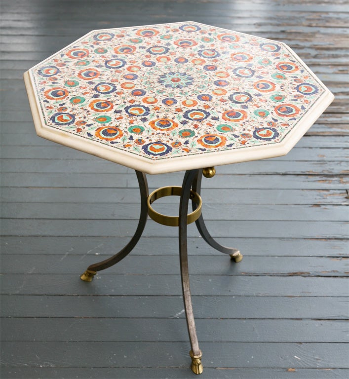 Indian Micro Mosaic  Inlaid Marble Topped Steel Base Table