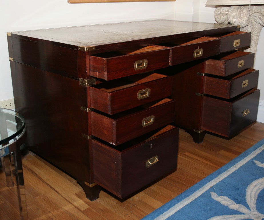 An English mahogany campaign style knee hole desk 2
