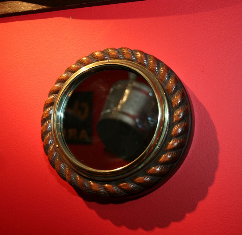 Circular Oak and Brass Rope Twist Porthole Mirror