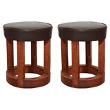 Pair of Round Oak and Leather Stools