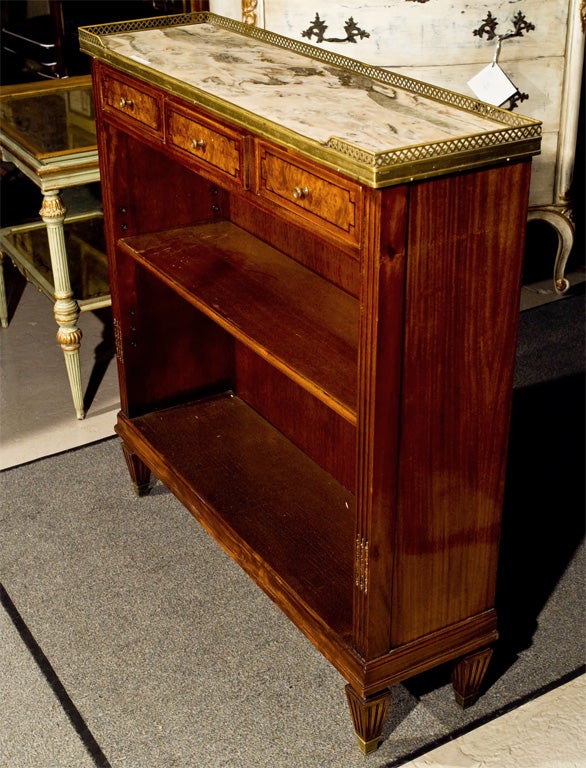 Stamped Jansen Three Drawer Burl Walnut Bookcase with Marble Top
