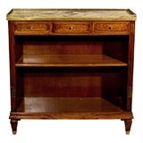 Stamped Jansen Three Drawer Burl Walnut Bookcase with Marble Top