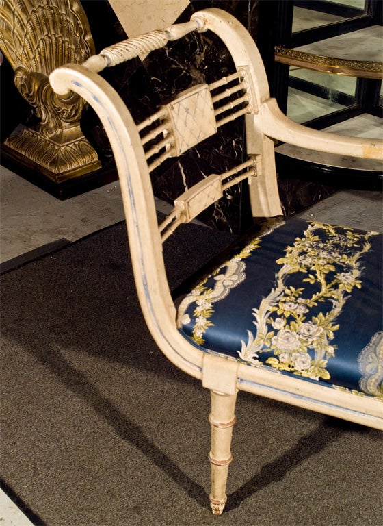 Fine diminutive recamier tapering faux bamboo legs. Painted.  Fine fabric appears to be original and should be changed. 