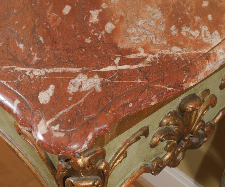Venetian painted console/center table with gilt decoration retaining original marble top (decoration on all four sides)
