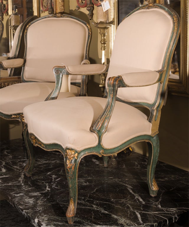 19th Century PAIR OF 19TH CENTURY LOUIS XV STYLE PAINTED ARMCHAIRS