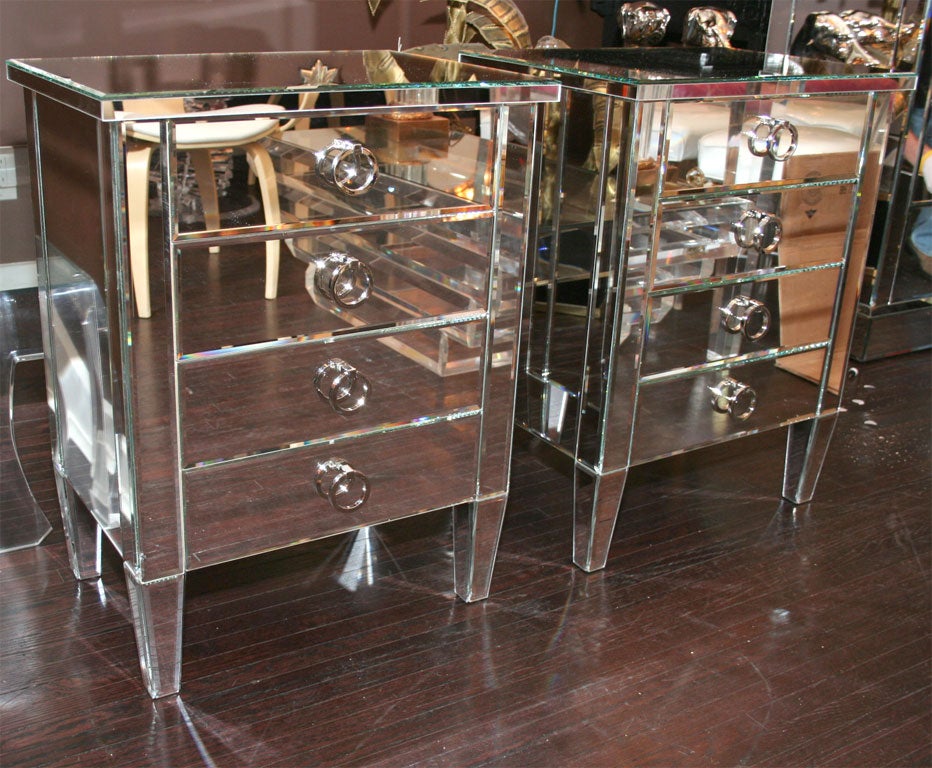 Pair of custom 4-drawer mirrored end tables. Customization is available in different sizes, finishes and hardware.