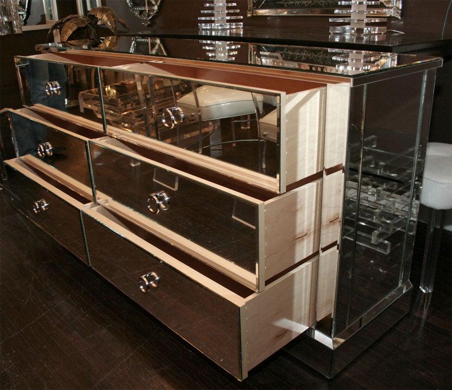 Modern Custom Six-Drawer Mirrored Dresser For Sale