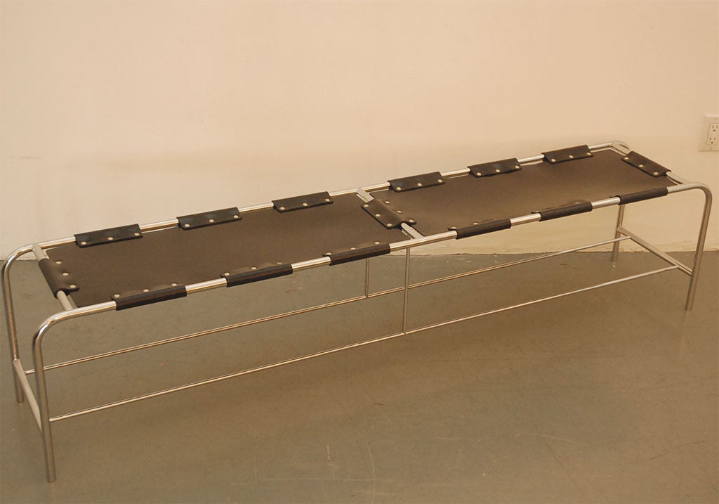 Versatile Polished Chrome and Leather Bench. Designed to compliment Charlotte Perriands barstools and chairs from Les Arcs. Can be custom made any size or color leather.